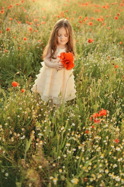Meisje op het veld met papavers — Stockfoto