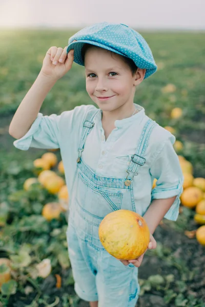 Garçon sur le terrain avec des melons — Photo
