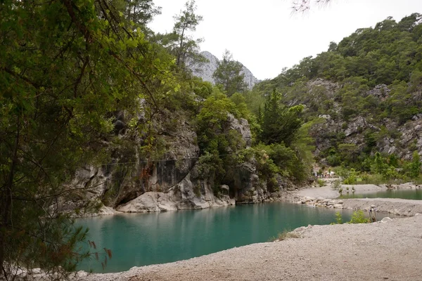 Dağlar ve kayalar göl yakınındaki büyük yaprak döken orman arasında