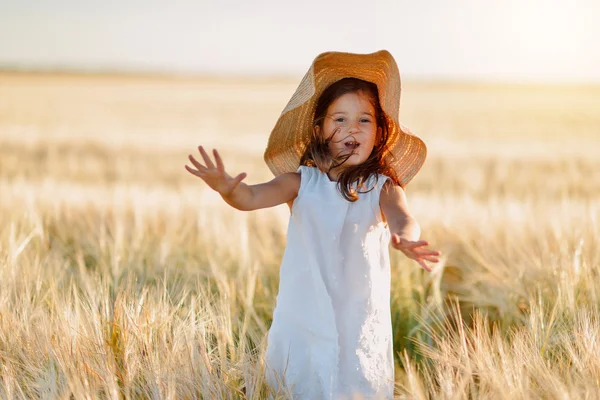 Ragazza in età prescolare in un campo di grano maturo — Foto Stock