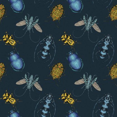 Pürüzsüz kumaş deseni, parlak renkli suluboya bir böcek ve koyu bir arka plan..