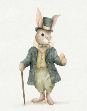 Suluboya karikatür Paskalya Tavşanı, Victoria kıyafetleri içinde yumurtalar, beyaz arka plan