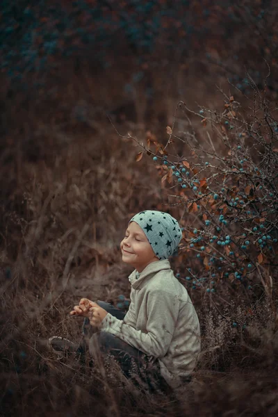 Çilek ile sonbahar çalıların arasında çocuk — Stok fotoğraf