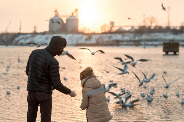 Vater und Sohn bei der Winterfütterung von Vögeln — Stockfoto
