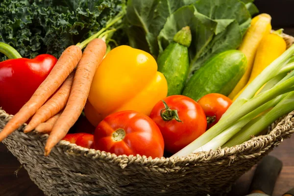 Hasat sepetinden toplanan farklı sebzeler.
