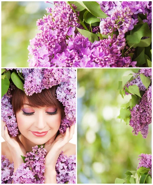 Mujer joven con flores lila. collage de primavera —  Fotos de Stock