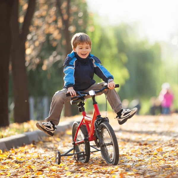 Счастливый мальчик с велосипедом в осеннем парке — стоковое фото