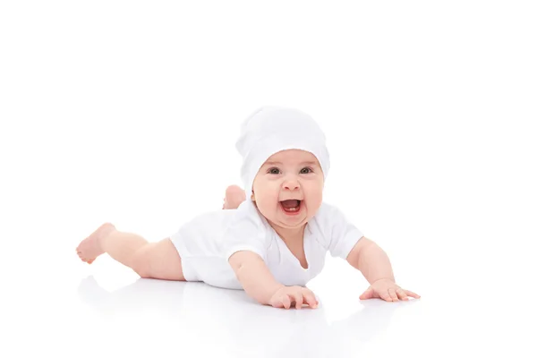 Lindo bebé riendo sobre fondo blanco — Foto de Stock