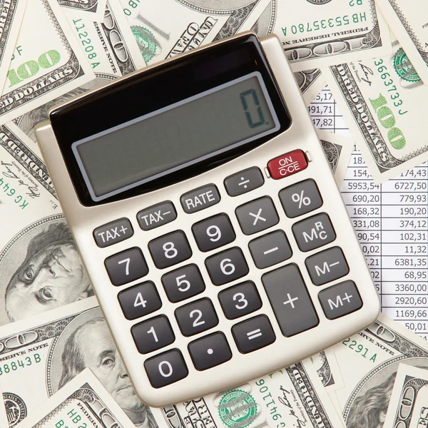 Koncepcja biznesowa tła. Pieniądze i Kalkulator. — Zdjęcie stockowe
