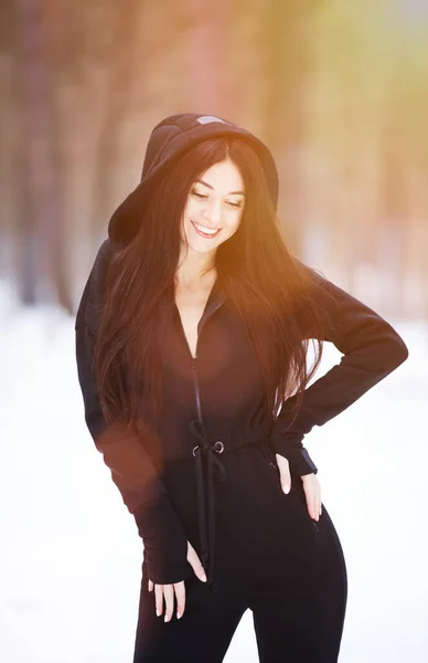 Portrait Beautiful Happy Stylish Woman Overalls Walking Winter Forest Fashion — Stock Photo, Image