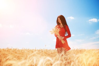 Mutlu kadın sahadaki hayatın tadını çıkarıyor. Doğa güzelliği, mavi gökyüzü, beyaz bulutlar ve altın buğdaylı tarla. Açık hava yaşam tarzı. Özgürlük kavramı. Yaz tarlasında bir kadın yürüyor