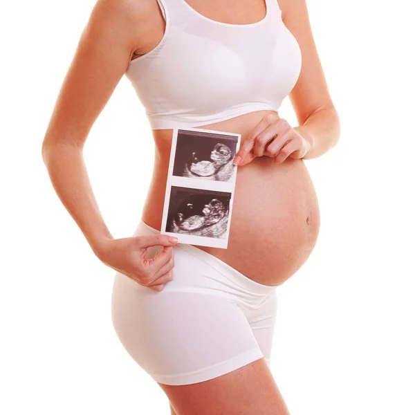 Pregnant Woman Holding Ultrasound Scan Isolated White Background Close Motherhood — Stock Photo, Image