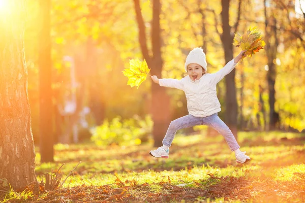 Chica Feliz Jugando Hojas Amarillas Parque Otoño Belleza Escena Naturaleza —  Fotos de Stock