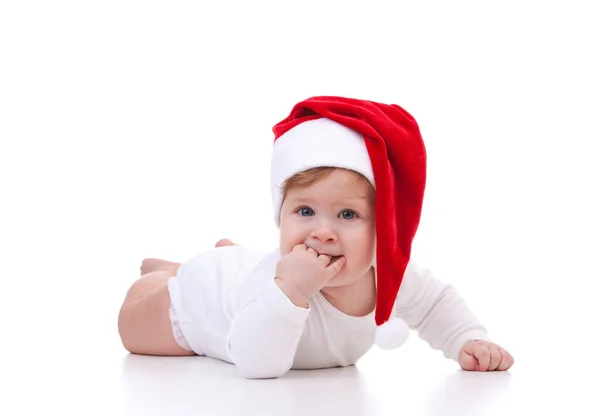 Feliz Bebé Santa Con Pizarra Blanca Aislada Sobre Fondo Blanco — Foto de Stock