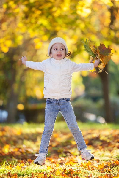 Menina Feliz Jogando Folhas Amarelas Parque Outono Cena Natureza Beleza — Fotografia de Stock