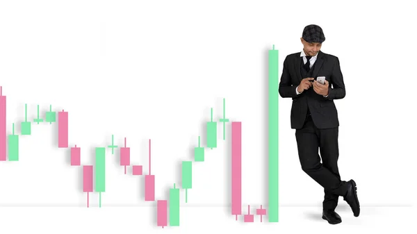 Investment Concept Images Man Uses Cell Phone Trade Stocks Communicate — Stock Photo, Image
