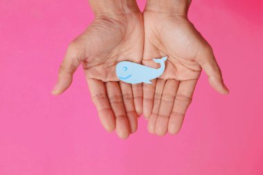 Balık şekilli kağıt, elde boş, pembe arkaplandan izole edilmiş. Dünyanın korunmasının içeriğini, su hayvanlarını, doğanın korunmasını anlat..