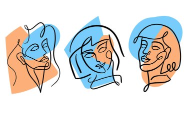 Kırmızı ve mavi şekilli genç ve minimalist kızların çağdaş ve modern yüzleri..