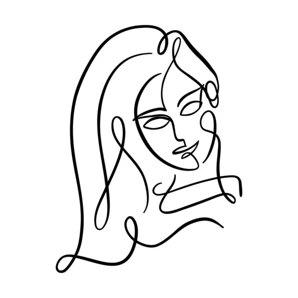One line portrait of a young girl with long hair — Vetor de Stock