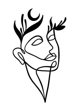 Yaprakları ve ayı olan bir kadının mistik ve sihirli portresi..