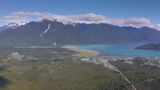 Aerial of Rio Negro village, Llancahue, Hornopiren at Austral, Route 7, Chile, South America. — стокове відео