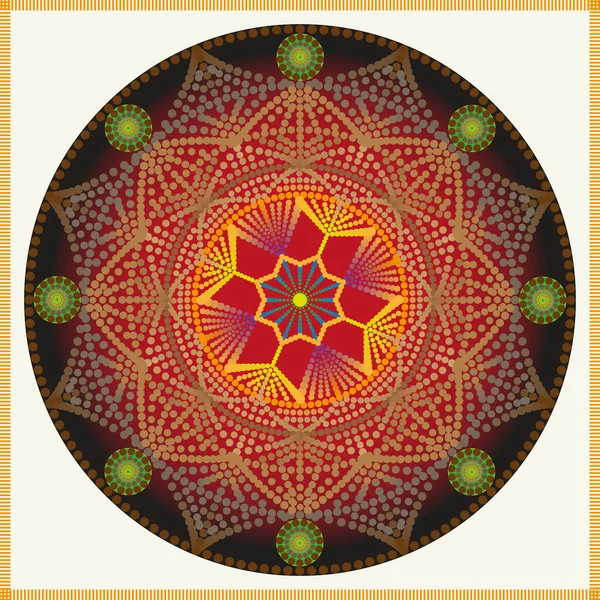赤と黒のグラデーションの背景に点線で構成された赤とベージュの曼荼羅図 — ストックベクタ