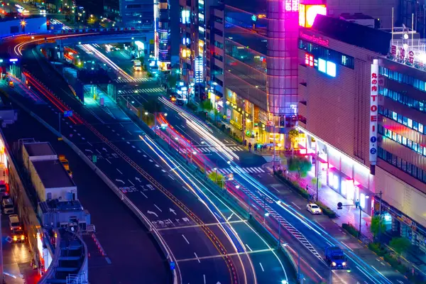 A night traffic jam at the crossing in Ginza long shot high angle — Stok fotoğraf