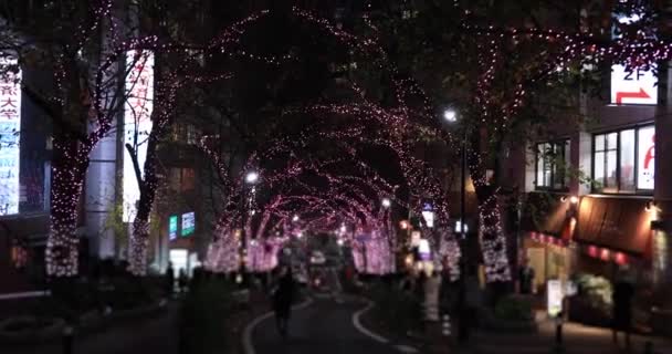 Een avond verlichte straat in Shibuya handheld — Stockvideo