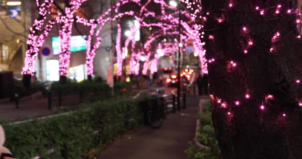 Uma menina japonesa atirando iluminação na rua noturna em Shibuya — Vídeo de Stock