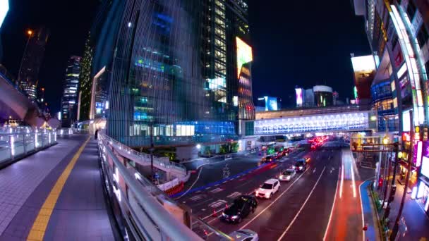 Uma noite timelapse da rua neon em Shibuya peixe olho tiro — Vídeo de Stock