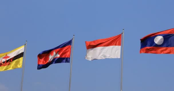 Bandeiras nacionais dos países da ASEAN atrás do céu em Ho Chi Minh panning — Vídeo de Stock