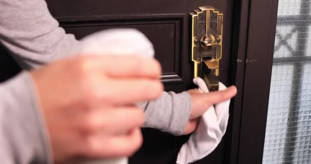 Desinfectando la perilla de la puerta por limpiador en la entrada — Vídeo de stock