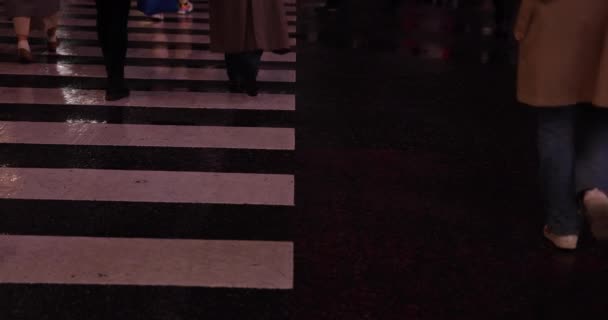 Een hoge snelheid schieten van wandelende mensen lichaamsdelen op Shibuya kruising regenachtige dag — Stockvideo