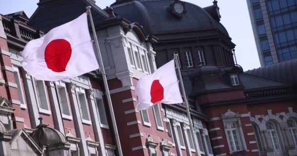 Vysoká rychlost japonské národní vlajky kolem diagonálního složení stanice Tokio — Stock video