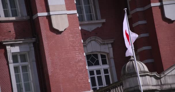 A high speed of Japanese National Flag around Tokyo station diagonal composition — Stock Video