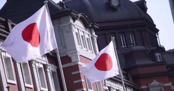 Nagy sebességű japán nemzeti zászló körül Tokyo állomás diagonális összetétele — Stock videók