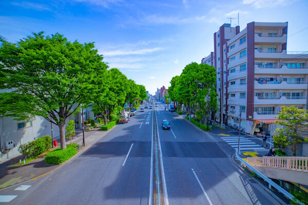 A timelapse of traffic jam at the avenue daytime wide shot. Nerima district Tokyo Japan - 04.05.2021 : It is a downtown street in tokyo.