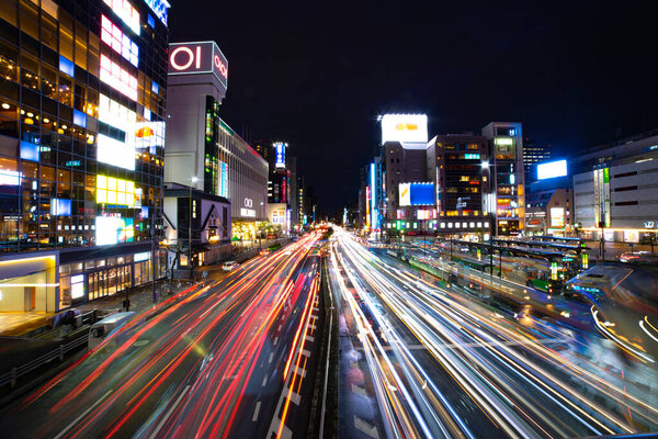 A night timelapse of the neon street in Kinshicho wide shot. Sumida district Kinshicho Tokyo Japan - 04.05.2021 : It is center of the city in Tokyo.