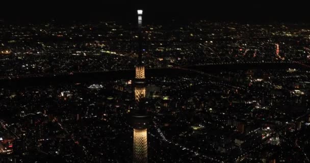 Noite aérea iluminada vista da cidade perto de Tóquio céu árvore — Vídeo de Stock