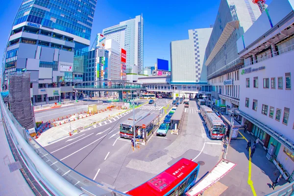 En trafikstockning på den urbana staden nära Shibuya station fisk öga skott — Stockfoto