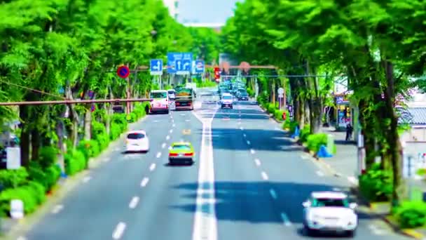 Sebuah kemacetan lalu lintas miniatur di jalan siang hari di pusat kota tiltshift zoom — Stok Video