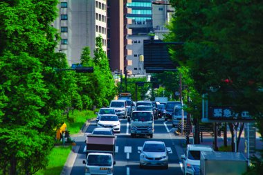 A traffic jam at the avenue in the downtown in Tokyo long shot