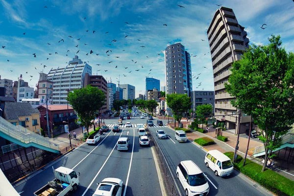 A traffic jam at the avenue in the downtown in Tokyo fish eye shot — ストック写真