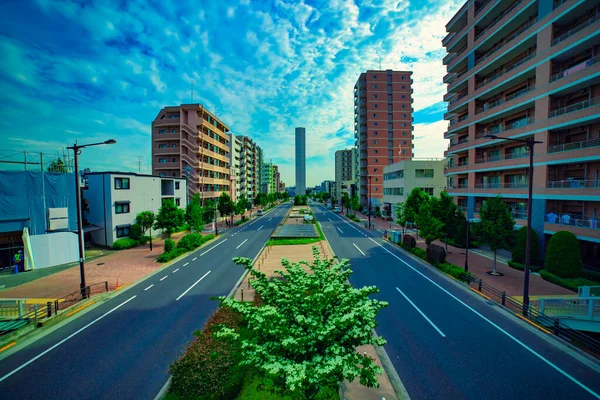 Een file op de laan in de binnenstad in Tokio breed schot — Stockfoto