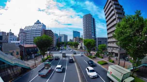 Sebuah kemacetan lalu lintas di jalan di pusat kota Tokyo tembakan mata ikan — Stok Video