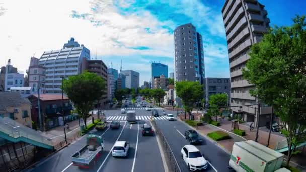 Sebuah kemacetan lalu lintas di jalan di pusat kota Tokyo mata ikan ditembak zoom — Stok Video