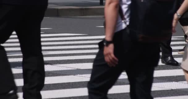 A slow motion of body parts of walking people on the crossing at the business town — 비디오