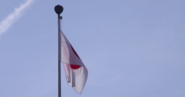 Una cámara lenta de bandera japonesa detrás del cielo azul — Vídeo de stock