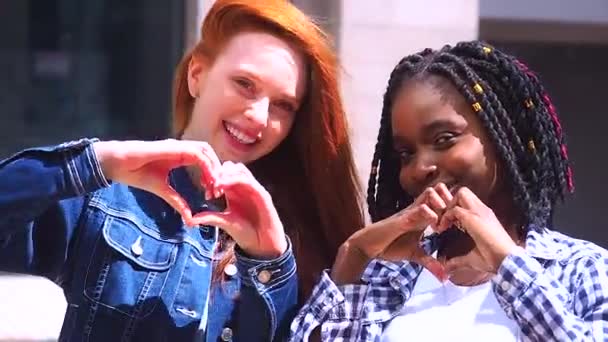 Mestiza pareja del mismo sexo al aire libre mostrando manos corazones — Vídeo de stock