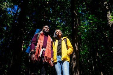 Latin Amerikalı bir adam ve Latin bir kadın ormanda dinleniyorlar.